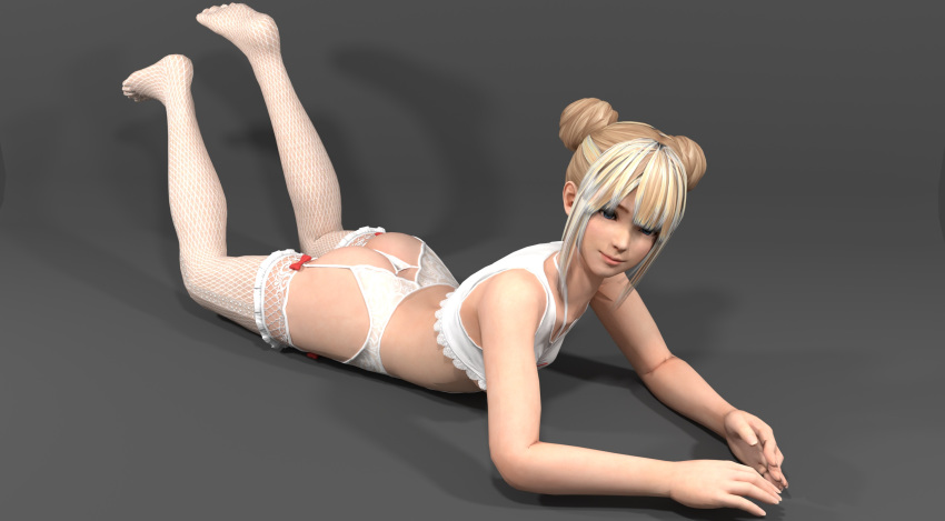 3d alternate_hairstyle black_background blonde_hair blue_eyes breasts dead_or_alive dead_or_alive_5 double_bun female highres lingerie marie_rose photonlanccer simple_background small_breasts solo thighhighs thighs underwear