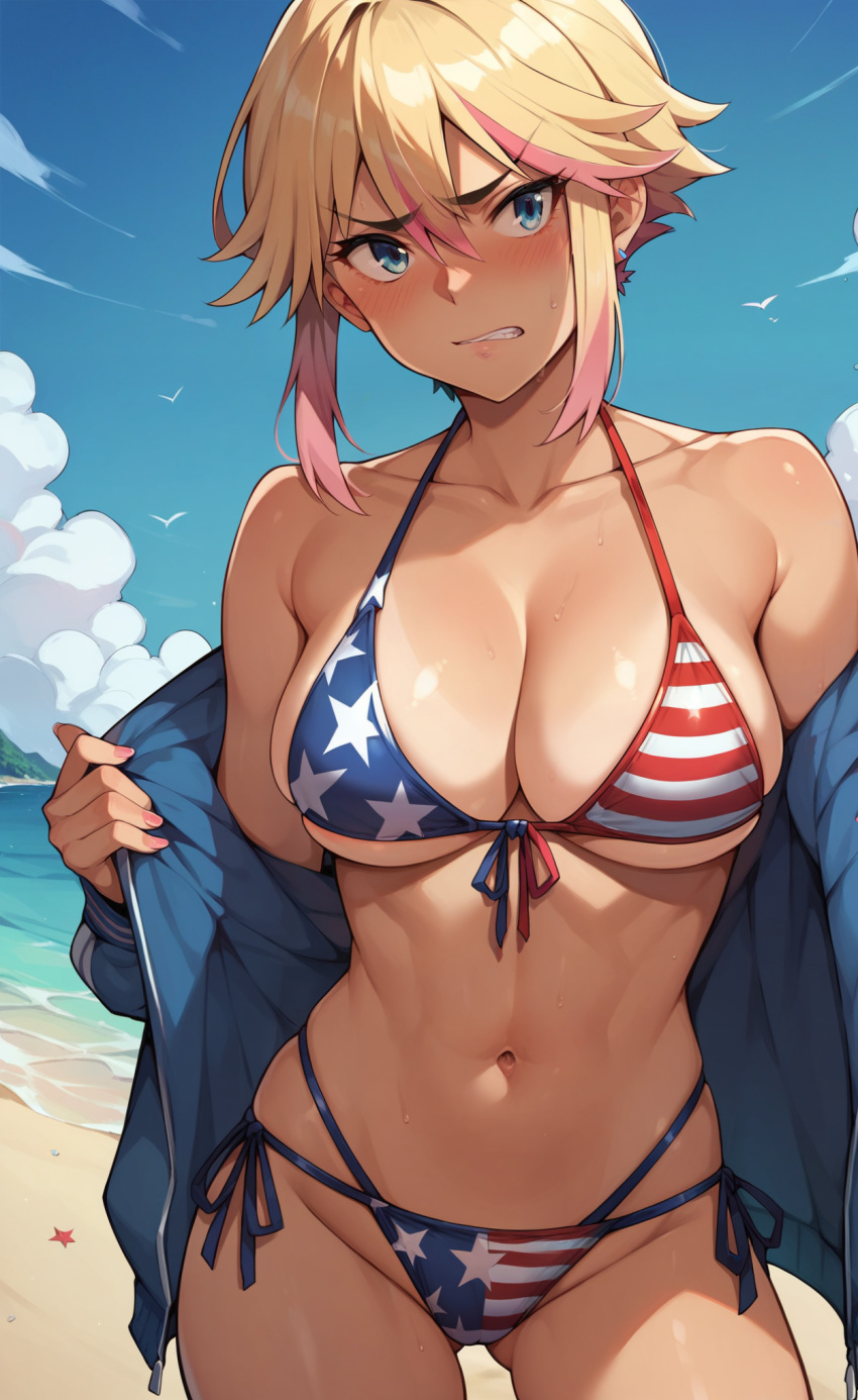 ai_generated alternate_color american_flag american_flag_bikini beach belly blonde_hair blue_eyes breasts gyaru gyaru_gal hjqjjwbeb kill_la_kill looking_at_viewer matoi_ryuuko navel pink_hair solo solo_female solo_focus standing stomach