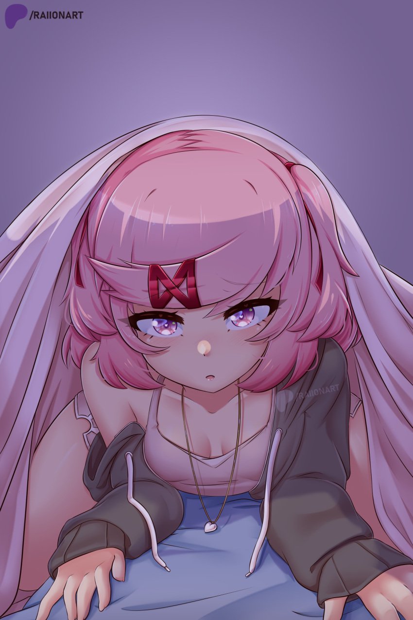 1girls bed cute doki_doki_literature_club flat_chest flat_chested heart-shaped_pupils highres hoodie laying_on_stomach looking_at_viewer natsuki_(doki_doki_literature_club) petite pink_hair pov raionart small_breasts under_blanket wholesome young