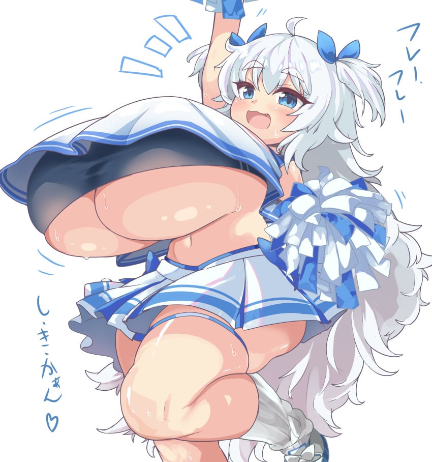 cheering cheerleader cheerleader_outfit cheerleader_uniform gigantic_breasts goddess_of_victory:_nikke japanese_text neoteny poli_(cheer_up_police)_(nikke) poli_(nikke) sweat sweating sweaty text thick_thighs thigh_strap underboob wide_hips