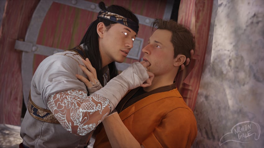 aroused black_hair blush blushing_at_partner blushing_male brown_eyes brown_hair demigod fingers_in_mouth fingers_to_mouth fire_god_liu_kang_(character) gay gay_interracial glowing_eyes interracial johnny_cage liu_kang loving_it male male/male male_focus male_only male_penetrated male_penetrating male_penetrating_male mortal_kombat mortal_kombat_1_(2023) netherrealm_studios nightin_galez saliva_drooling sucking_fingers