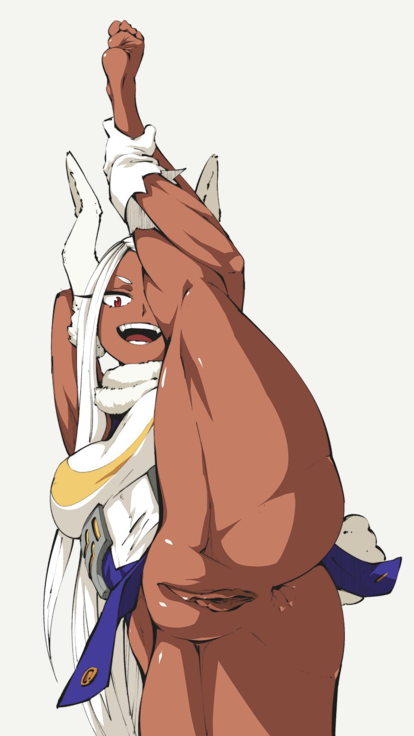 1girls animal_ears bare_legs barefoot brown_skin bunny_ears bunny_girl dark-skinned_female dark_skin feet female flexible flou gloves holding_leg leotard miruko my_hero_academia no_panties no_shoes one_leg_up presenting presenting_pussy pussy rumi_usagiyama shounen_jump smile solo solo_focus splits standing standing_on_one_leg thick_thighs unbuttoned unbuttoned_bottomwear vertical_splits white_fur white_hair