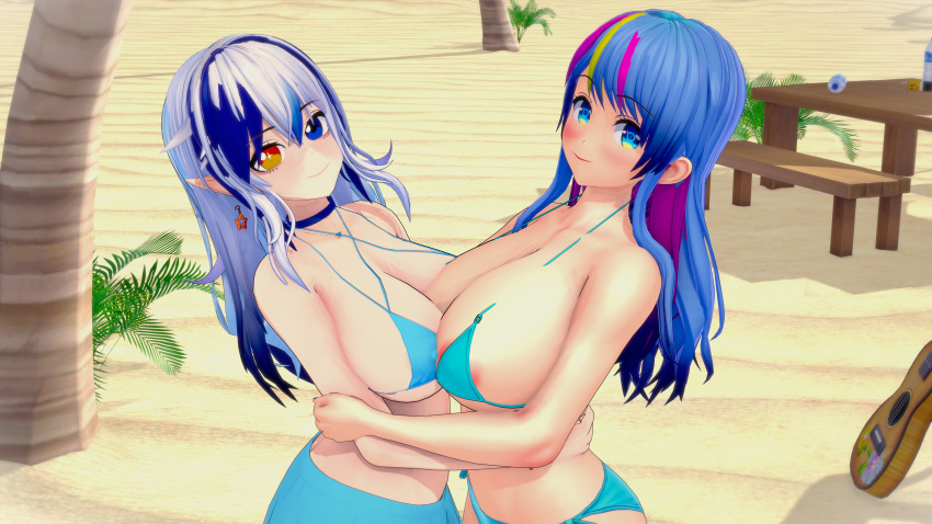 2girls beach bikini blue_eyes blue_hair blush heterochromia huge_breasts jesse_llum kirakaramel koikatsu kristyrex looking_at_viewer tagme virtual_youtuber vtuber white_hair yellow_eyes ynasshi