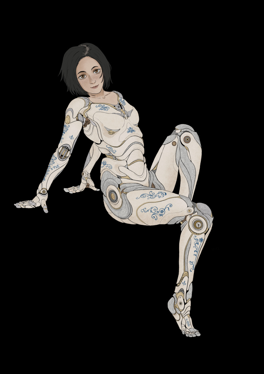 alita battle_angel_alita black_hair breasts brown_eyes cybolbee doll feet markings robot_girl robot_joints robotic_arm short_hair smiling_at_viewer solo_female