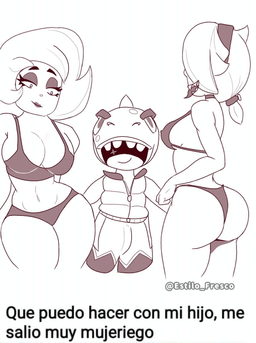 big_ass bikini brawl_stars butt_focus colette_(brawl_stars) estilo_fresco girls leon_(brawl_stars) line_art lola_(brawl_stars) sketch two_girls