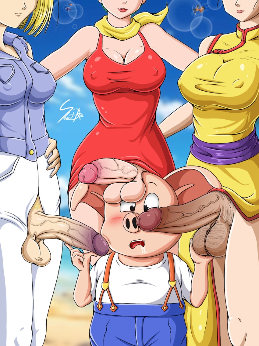 1boy 3futas android_18 anthro balls big_balls big_breasts big_penis bottomless breasts bulma bulma_(dragon_ball) bulma_briefs chichi clothed clothing dragon_ball dragon_ball_super dragon_ball_z dress erection futa_milf futanari hairy_balls human light-skinned_futanari light_skin looking_at_penis male milf mostly_clothed oolong penis_awe pig pubic_hair self_upload shotdke standing surrounded_by_penises thick_legs thick_penis thick_thighs