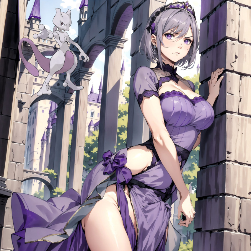 ai ai_generated castle curvy dress gray_hair headdress humanization mewtwo mewty nintendo pokemon pokemon_(species) pokewomen purple_eyes short_hair standing wide_hips