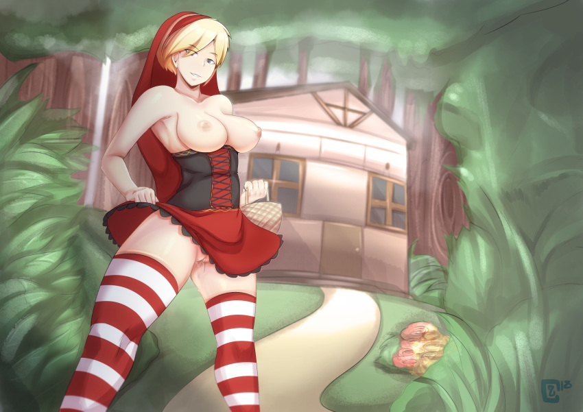 blonde_hair breasts cadenza clothing innie_pussy little_red_riding_hood resident_evil resident_evil_6 sherry_birkin striped_legwear striped_thighhighs