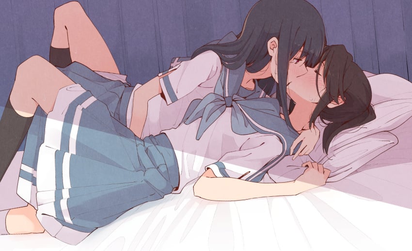 2girls arm_around_neck arm_around_partner bed bed_sheet bedroom black_socks blue_hair blush brown_hair closed_eyes color hibike!_euphonium highres imminent_sex kasaki_nozomi kissing kitauji_high_school_uniform lighting liz_to_aoi_tori long_hair looking_at_partner lying lying_on_back lying_on_bed passionate pillow_grab ponytail purple_eyes romantic romantic_couple sawara65 school_uniform spread_legs sweat tied_hair white_socks yoroizuka_mizore yuri