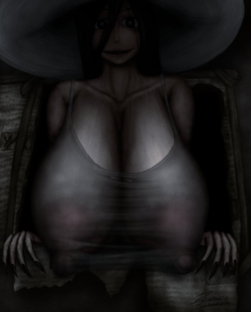 1girls abandoned_building alternate_version_available areolae big_areola big_breasts big_hat breast_focus breasts breasts_bigger_than_head clothing creepy creepy_atmosphere creepy_smile dark_background despairchanpu erect_nipples female female_only folklore ghost ghost_girl hasshaku-sama hat hi_res horror huge_breasts japanese_mythology looking_at_viewer monster monster_girl mythology nightmare_waifu public_domain see-through see-through_clothing solo solo_female tagme urban_legend voluptuous voluptuous_female yokai youkai