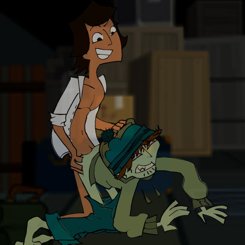 2boys anal anal_sex black_eyes black_hair brown_hair ezekiel_(tdi) feral feral_penetrated gay gay_sex green_body green_skin grey_eyes noah_(tdi) pulling_clothing total_drama total_drama:_world_tour total_drama_island yaoi