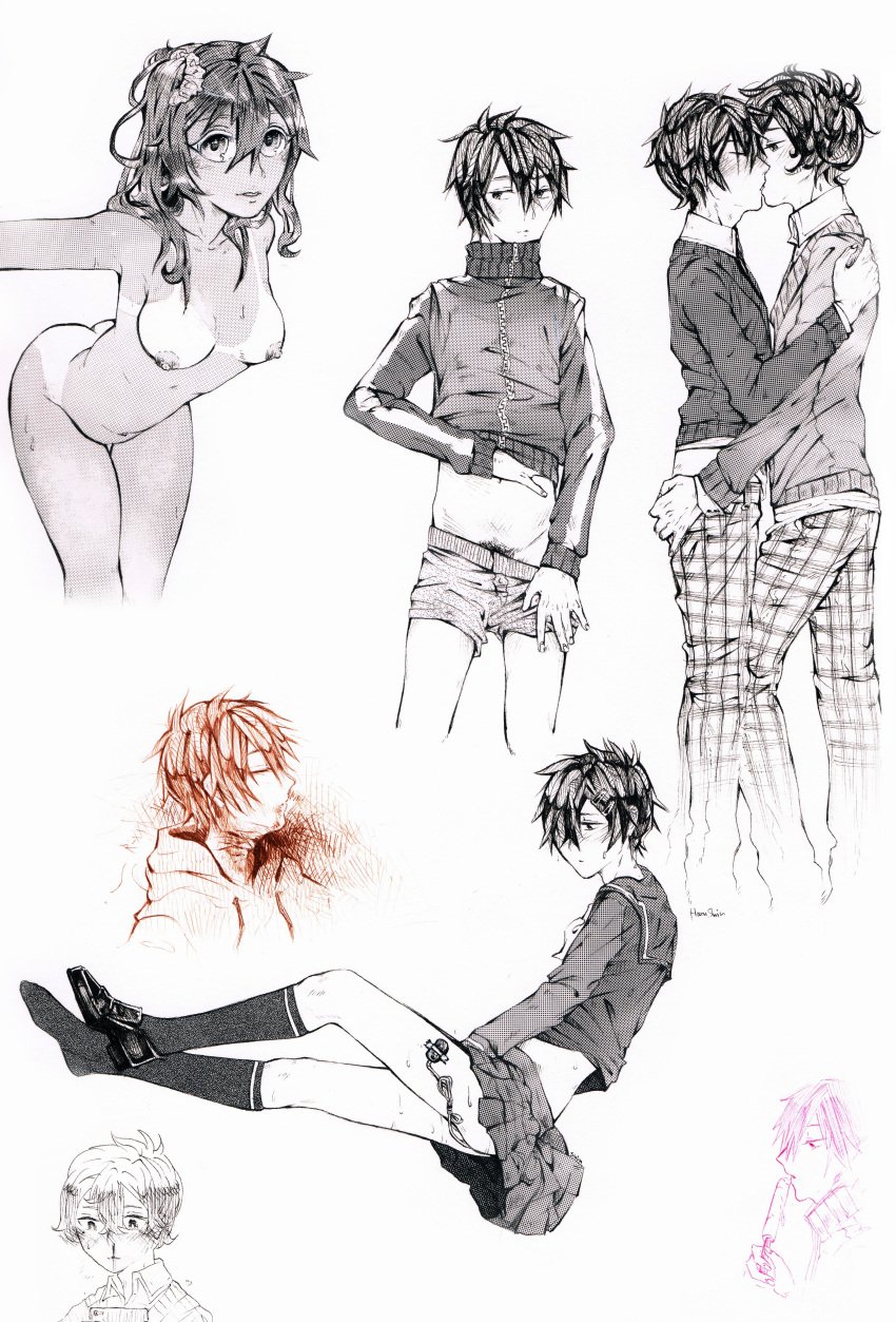 black_and_white clothing crossdressing japanese kagerou_project kisaragi_momo kisaragi_shintarou kissing kokonose_haruka konoha masturbation medium_breasts mekakucity_actors pubic_hair school_uniform self_harm selfharm sex_toys shounen_ai sketch_dump sketches skirt suicide tanline twink vibrator yaoi