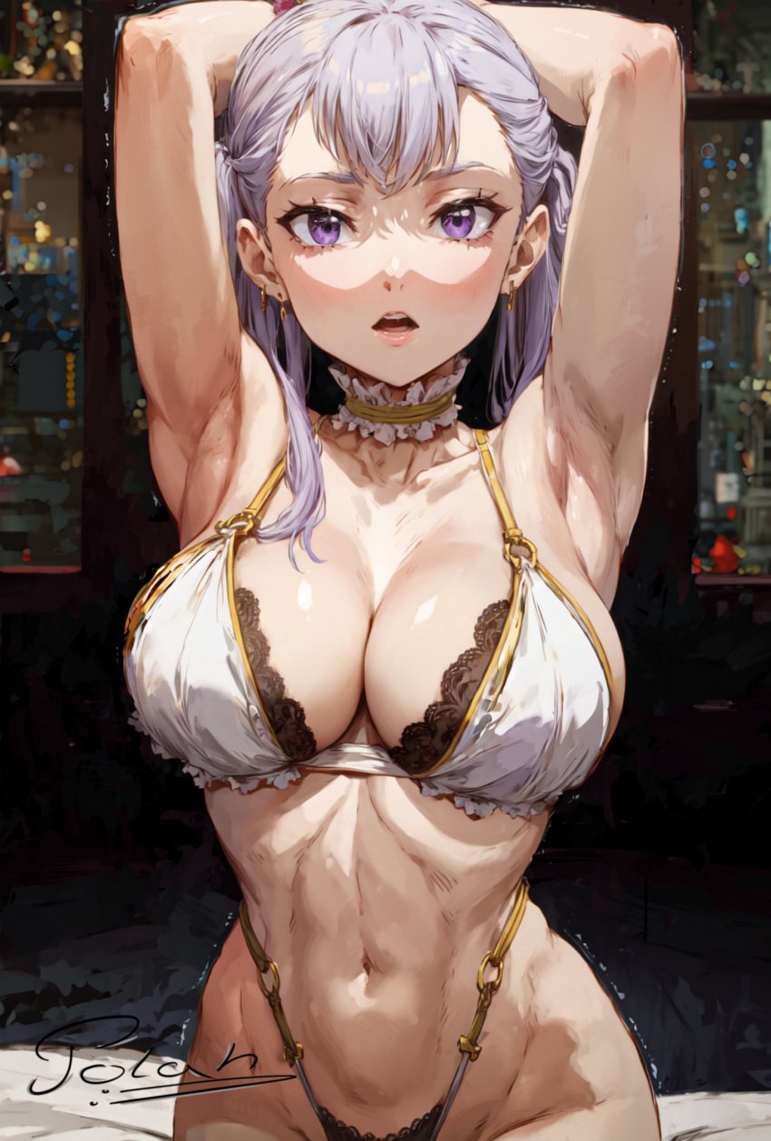 1girls ai_generated armpits arms_up big_breasts black_clover black_panties black_thong bottomless bra breasts choker cutesexyrobutts_(style) hi_res large_breasts lingerie looking_at_viewer navel noelle_silva panties polah_u pose purple_eyes silver_hair thick_thighs thong topless twintails wide_hips