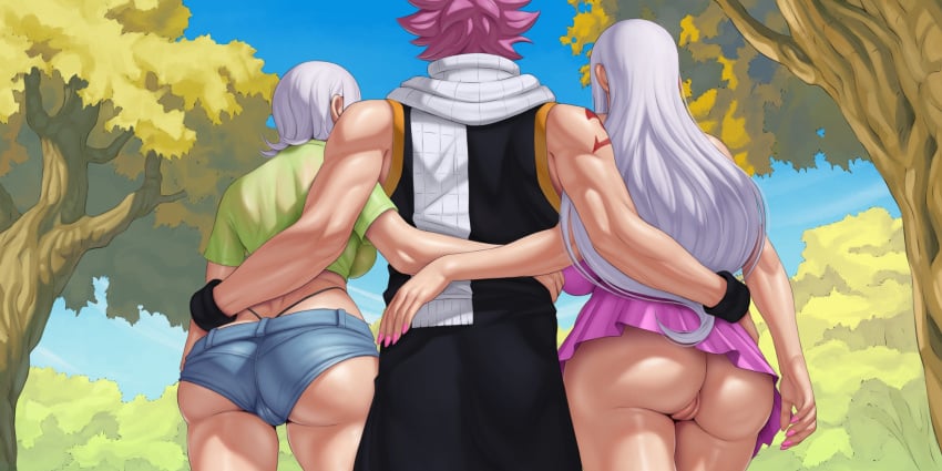 1boy 2girls abyssdagon big_ass fairy_tail fat_ass from_behind hand_on_ass hand_on_butt hand_on_hip holding_ass imminent_sex large_ass large_breasts lisanna_strauss mirajane_strauss muscular_male natsu_dragneel no_panties pink_hair showing_pussy sisters threesome unseen_male_face white_hair