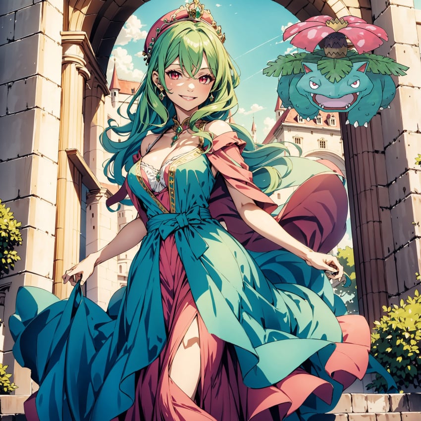 ai ai_generated castle dress green_hair headdress humanization long_hair medium_breasts nintendo pokemon pokewomen red_eyes standing venusa-chan venusair