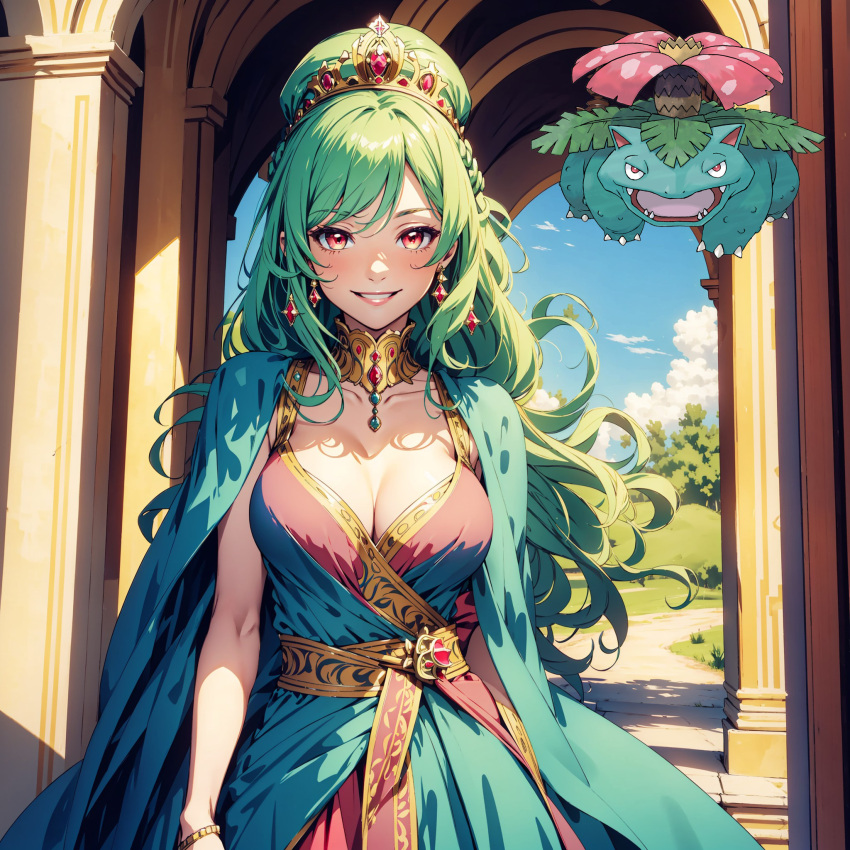 ai ai_generated castle dress green_hair headdress humanization long_hair medium_breasts nintendo pokemon pokewomen red_eyes standing venusa-chan venusair