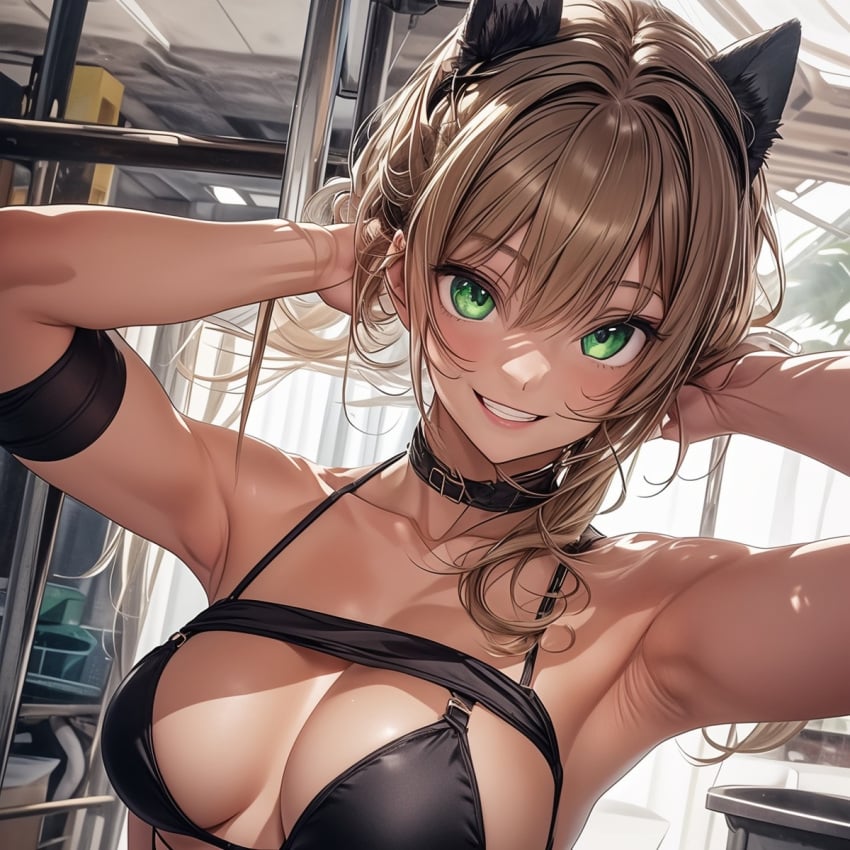 ai_generated animal_ears armpits big_breasts black_bra brown_hair cat_ears catgirl dark-skinned_female green_eyes short_hair smile