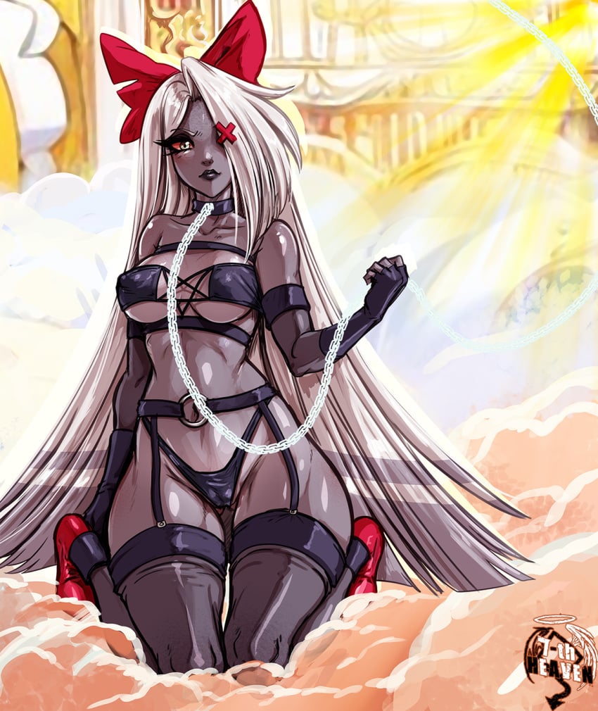 1girls 2024 7th-heaven angel artist_name bikini bow breasts cleavage collar female female_only femsub grey_skin hair_over_one_eye hairbow hazbin_hotel highres kneeling large_breasts leash leash_and_collar long_hair looking_at_viewer vaggie_(hazbin_hotel) watermark white_hair