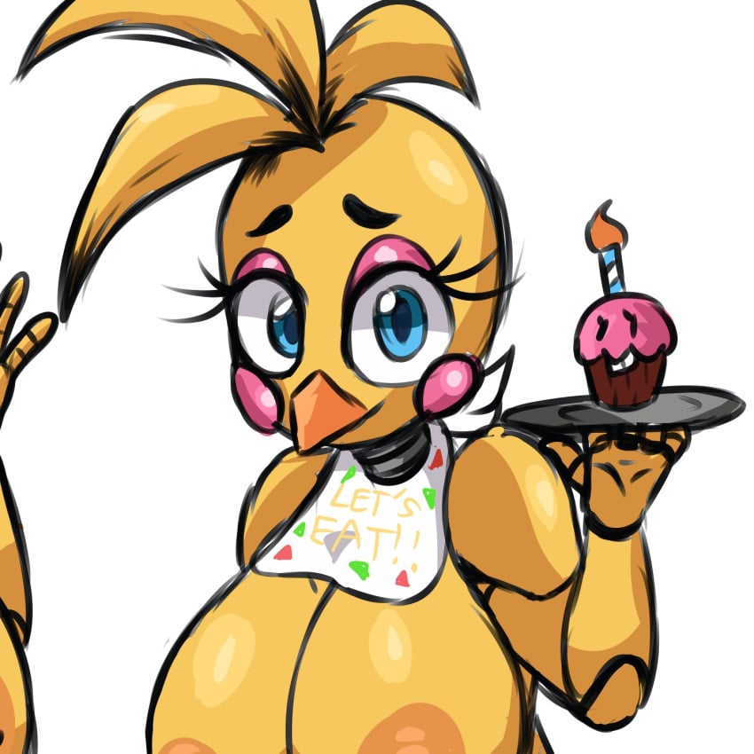 animatronic animatronic_female beak bib big_breasts blue_eyes breasts cupcake_(fnaf) eyelashes female five_nights_at_freddy's five_nights_at_freddy's_2 haunted holding_plate looking_at_viewer omegamax possessed robot_girl simple_background toy_chica_(fnaf) ultimate_custom_night white_background yellow_hair yellow_skin