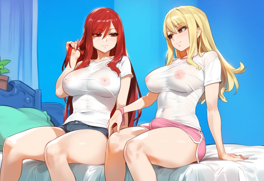 1futa 1girls ai_generated blonde_hair bulge bulge_through_clothing clothed erza_scarlet fairy_tail female futa_on_female futanari imminent_sex laino_airt lucy_heartfilia nipples_visible_through_clothing red_hair shorts