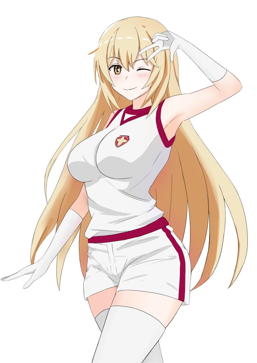 1girls blonde_hair breasts gym_uniform large_breasts long_hair one_eye_closed shokuhou_misaki smile teenage_girl teenager to_aru_majutsu_no_index tokiwadai_school_gym_uniform yellow_eyes young