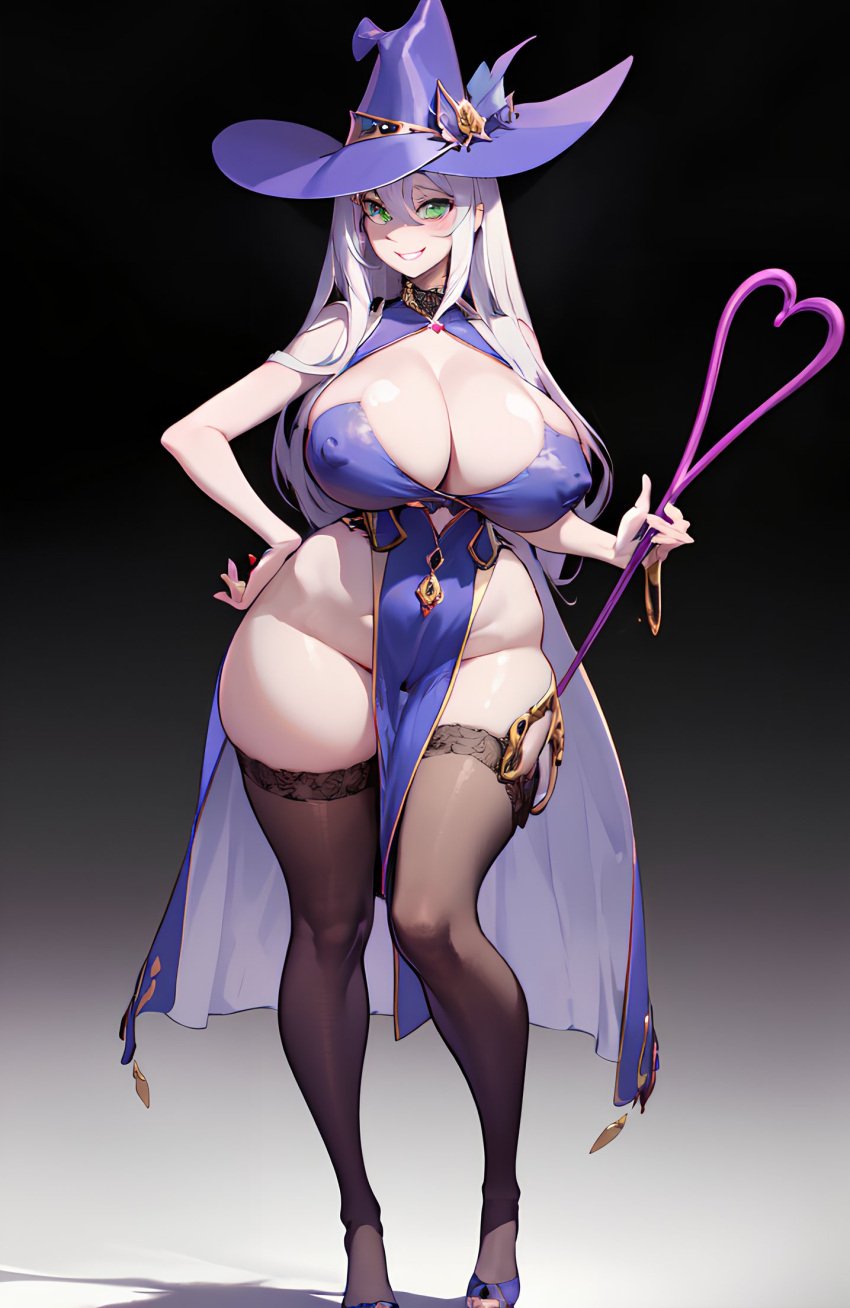 aegis999_(artist) ai_generated arms big_breasts breasts disney disney_villains female female_only green_eyes hands huge_breasts large_breasts legs lips lipstick long_hair madam_mim milf nipples purple_hair smile smiling stockings teeth the_sword_in_the_stone witch witch_hat