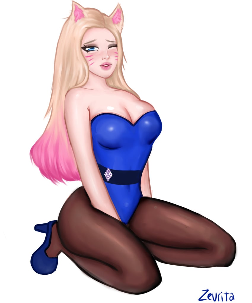 ahri big_breasts big_lips big_thighs blonde_hair blue_eyes blush breasts bunnysuit ear heels high_heels k/da_all_out_ahri k/da_series league_of_legends leotard pantyhose pink_hair zeurita