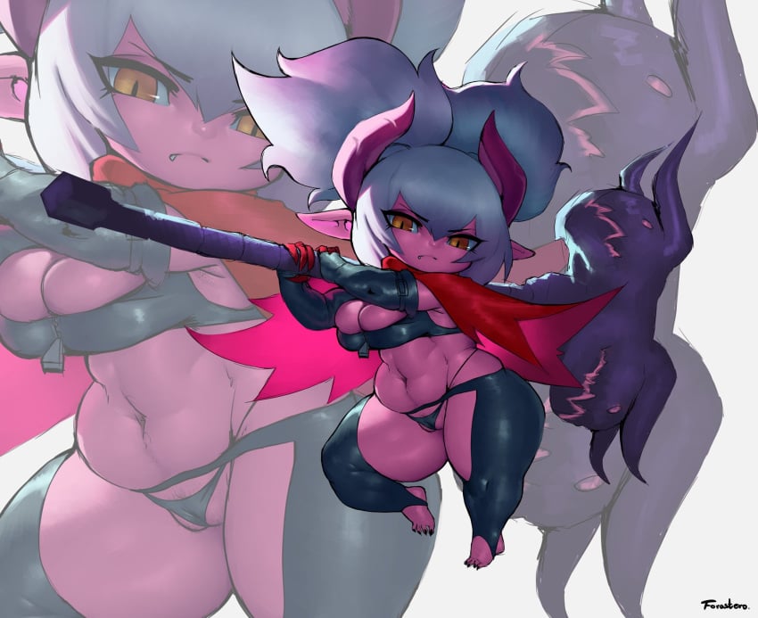 absurdres armpit_stubble ass breasts demon demon_poppy female forastero hammer harrowing highres horn huge_butt humanoid large_breasts league_of_legends mammal plump_labia poppy pubic_hair pussy red_skin riot_games shortstack thick_thighs thighhighs toes tools white_hair yellow_eyes yordle