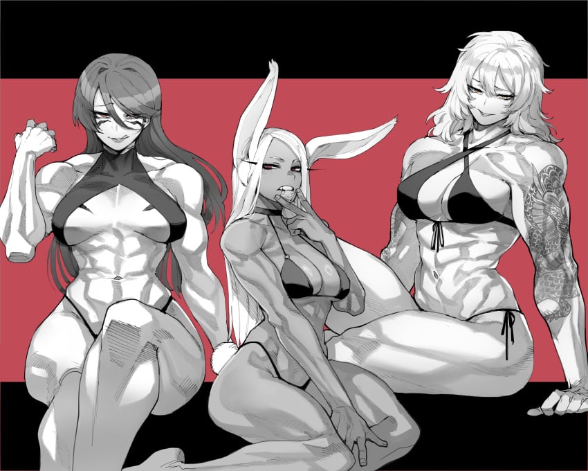 3girls abs absurd_res armpits arms_behind_head arms_up arms_up_pose biceps bikini blue_background body_markings breasts condom_in_mouth crossover facial_markings female female_only fuma_kotaro_(tenkaichi) hair_between_eyes hi_res isshou_senkin kengan_(series) long_hair looking_at_viewer looking_down medium_breasts miruko multiple_girls muscle_mommy muscular muscular_arms muscular_female my_hero_academia navel parted_lips ratatatat74 rumi_usagiyama sena_riko simple_background smile solo star:_strike_it_rich sweat tenkaichi_nihon_saikyou_bugeisha_ketteisen underboob