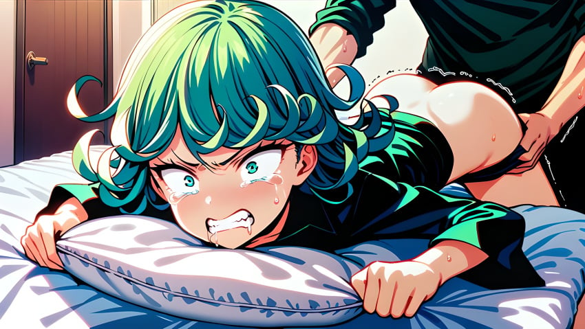 1girls after_sex ai_generated ass ass_up bed bedroom bent_over crying crying_with_eyes_closed crying_with_eyes_open cum cum_in_ass cum_in_pussy cum_inside forced forced_anal forced_orgasm green_eyes green_hair gritting_teeth holding_pillow one-punch_man orgasm partial_male rape rape_face raped short_hair tatsumaki tears violated_heroine violation