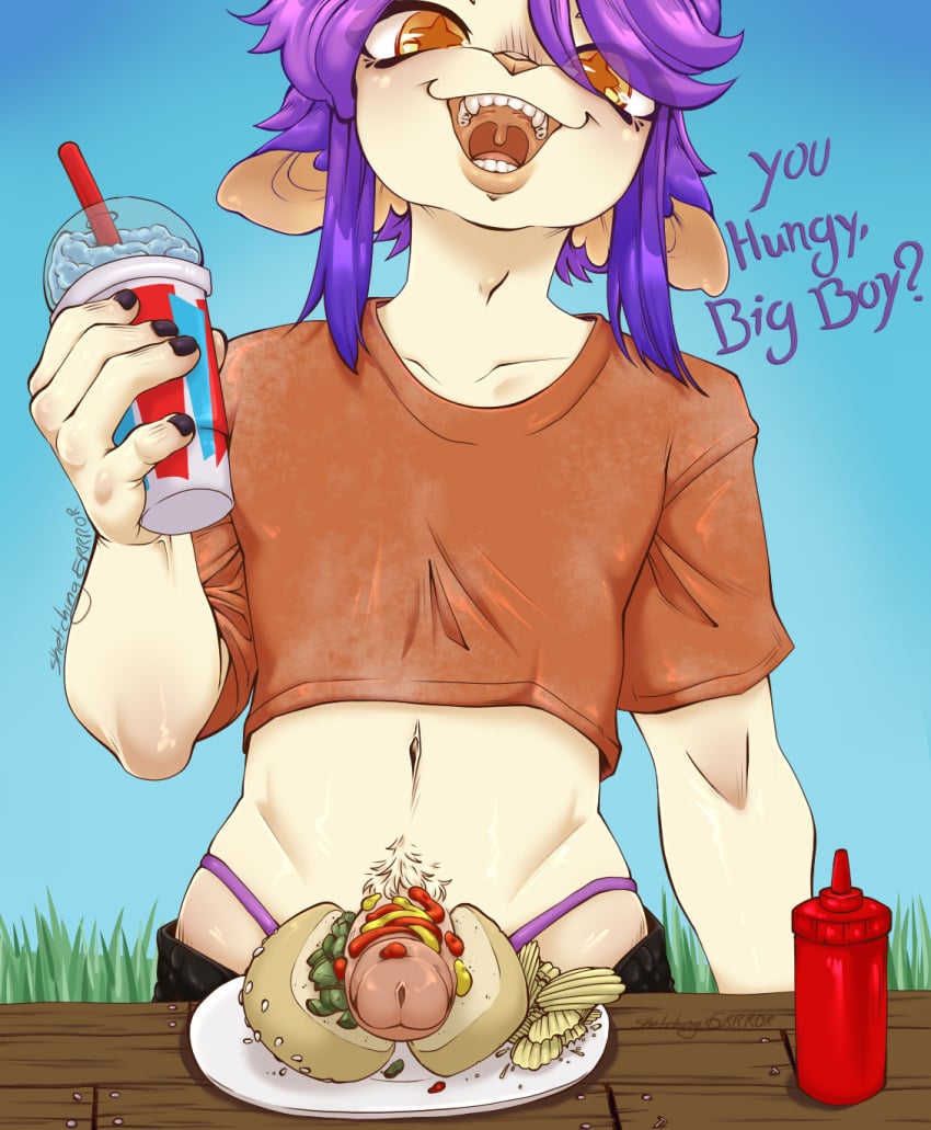 anthro beverage chips_(food) cropped_shirt digital_media_(artwork) english_text erection femboy food food_fetish food_kink food_play furry furry_only girly goat goat_boy hi_res high_resolution hotdog humanoid_genitalia humanoid_penis ketchup lips mustard open_mouth painted_fingernails painted_nails penis penis_hot_dog pubic_hair pubic_tuft purple_hair shirt sketchingerrror_(artist) tan_body tan_fur text thong_straps topwear yellow_eyes