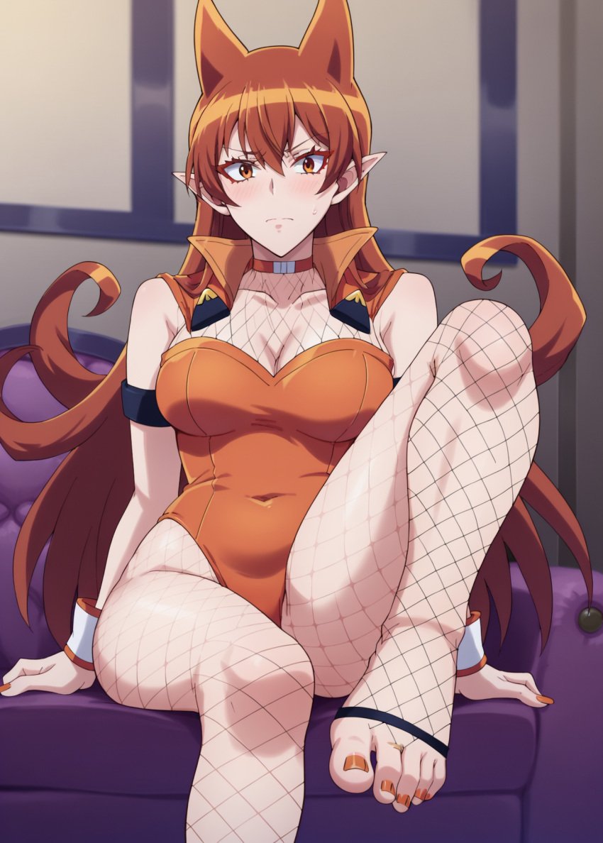 ai_generated ameri ameri_azazel belly_button big_breasts blush blushing brown_hair embarrassed embarrassed_female feet fishnet fishnet_legwear fishnet_stockings fishnets furry_ears kawaii_waifus leg_up long_hair looking_at_viewer mairimashita!_iruma-kun medium_breasts nail_polish one_piece_swimsuit orange_hair patreon preview sitting slim_waist wide_hips