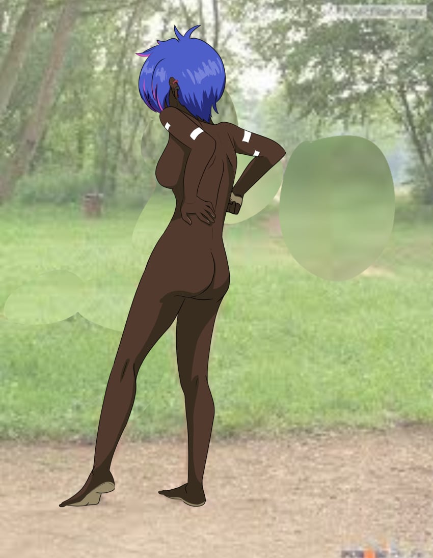 1girls alternate_version_available anonymous_artist ass barefoot blue_hair crush_crush dark_skin dark_skinned_female edit feet female naked naked_female nova_(crush_crush) public public_nudity sad_panda_studios short_hair standing