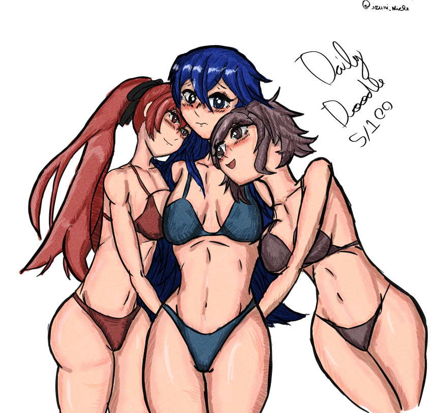 3girls bare_midriff bare_thighs blue_bra blue_eyes blue_hair blue_panties blush bra breasts brown_bra brown_eyes brown_hair brown_panties clothing cynthia_(fire_emblem) embarrassed female female_only fire_emblem fire_emblem_awakening girl_sandwich hair_between_eyes izumi_niche legs_together long_hair lucina_(fire_emblem) matching_underwear medium_breasts midriff multiple_girls nintendo panties red_bra red_eyes red_hair red_panties sandwiched severa_(fire_emblem) short_hair small_breasts smile thighs twintails underwear white_background wide_hips yuri