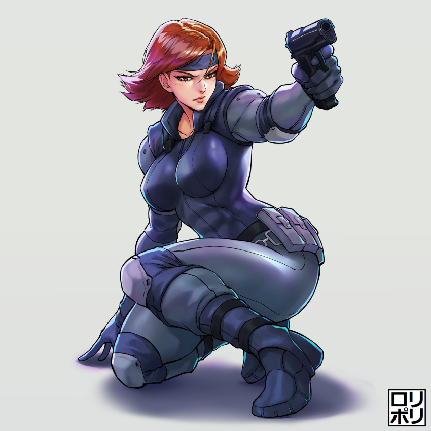 bandana bodysuit boots breasts brown_eyes female gloves gun handgun headband high_resolution meryl_silverburgh metal_gear metal_gear_solid red_hair short_hair tagme