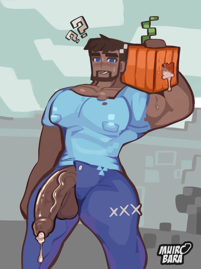 bara blush brown_skin dripping_cum flaccid gay male male_only minecraft muirobara muscular muscular_male nipples_visible_through_clothing pants_open pecs pumpkin purple_eyes solo_male steve_(minecraft) uncut