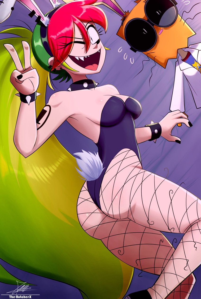 bunny_ears bunny_girl bunnysuit cartoon_network demencia_(villainous) dr._flug_(villainous) female happy multicolored_hair peace_sign sharp_teeth tagme the_butcher_(artist) villainous wink