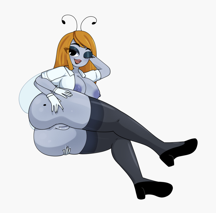 1female 4_arms antennae_(anatomy) ass ass_focus ass_shot auburn_hair background_character beauty_mark beauty_mark_on_ass big_breasts black_eyeshadow black_heels disney disney_channel female_only hand_behind_head hands_on_own_thighs hourglass_figure insect_wings inviting laying_down looking_at_viewer milf ms_zesty multi_arm multi_limb no_background one_eye_closed open_shirt phasmomo pussy seductive_look seductive_pose solo solo_female the_buzz_on_maggie thighhighs