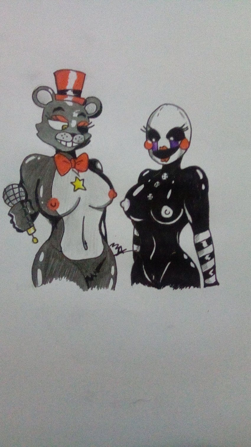 2girls animatronic animatronic_female animatronics black_fur black_skin bowtie buttons drawing female five_nights_at_freddy five_nights_at_freddy's five_nights_at_freddy's_2 freddy_fazbear's_pizzeria_simulator furry lefty_(fnaf) marionette_(fnaf) mask masked masked_female naked nipples niteomegamax32 nude perky_breasts puppet puppet_(fnaf) pussy red_bowtie red_top_hat robot_girl robot_humanoid rule_63 sketch striped_arms tophat twitter twitter_username ultimate_custom_night