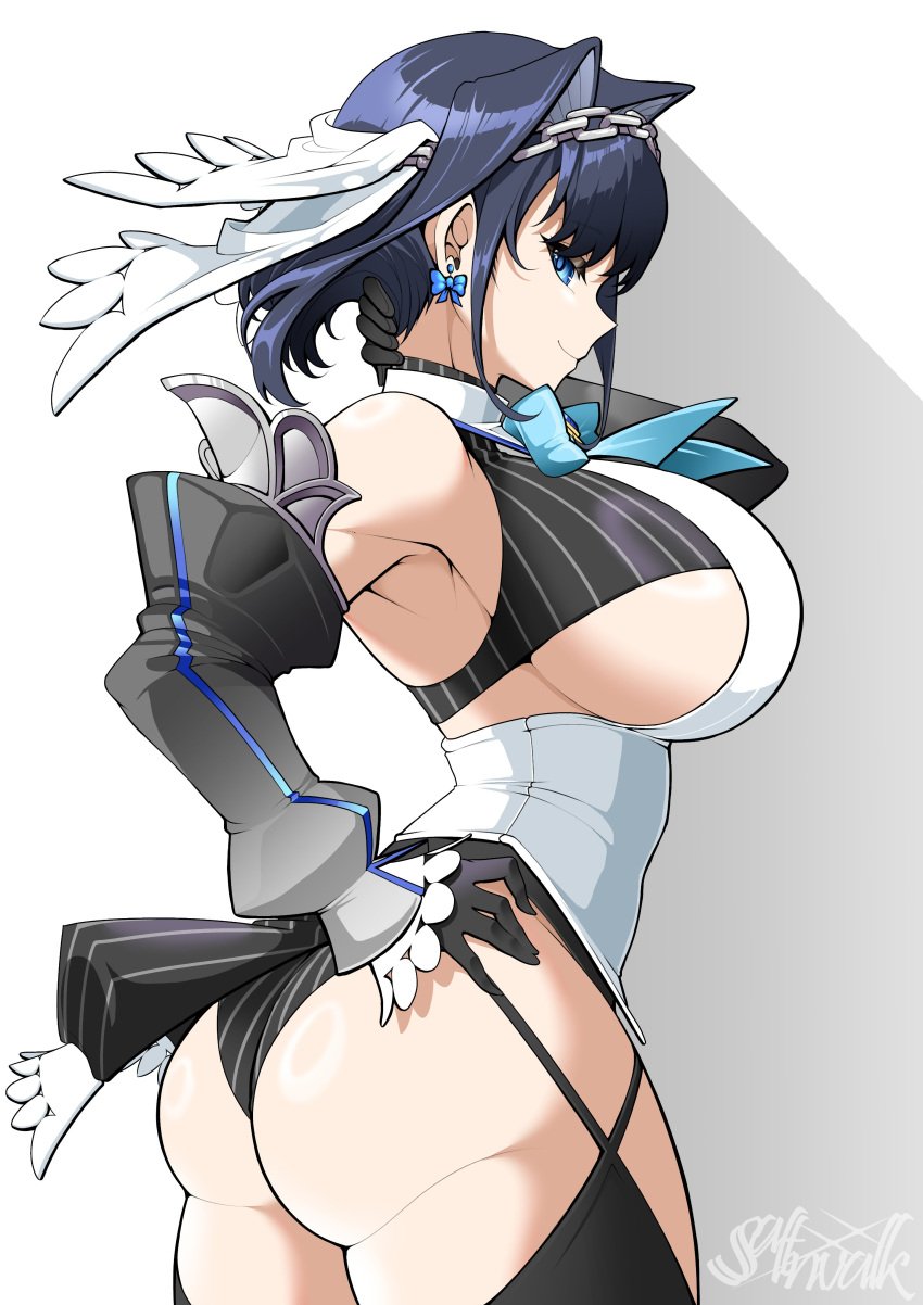 1girl 1girls absurdres arm_up armpits ass black_gloves black_hair black_thighhighs blue_bow blue_bowtie blue_eyes blue_hair bow bow_earrings bowtie breasts chain chain_headband commentary dat_ass detached_sleeves earrings english_commentary female gloves hair_intakes hand_on_own_hip highres hololive hololive_english hololive_english_-council- hololive_english_-promise- huge_ass huge_breasts jewelry large_breasts light-skinned_female light_skin looking_at_viewer naughty_face ouro_kronii ouro_kronii_(1st_costume) saltnvalk short_hair sideboob simple_background smile solo thick_thighs thighhighs virtual_youtuber white_background