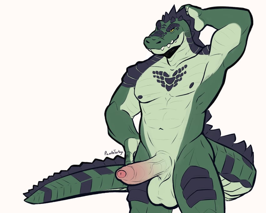 abs absurd_res alligatorid anthro balls big_balls crocodilian erection fingers genitals hi_res huge_balls humanoid_genitalia humanoid_penis male male_only muscular nipples nude penis picantetortuga presenting reptile scales scalie simple_background solo tail teeth