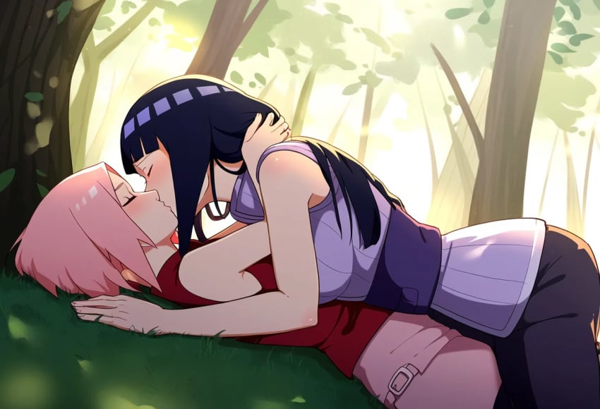 2girls ai_generated clothed female female-on-female female_on_female female_only forest hyuuga_hinata kissing naruto naruto:_the_last naruto_(series) outdoors romantic sakura_haruno sakuralookalike yuri