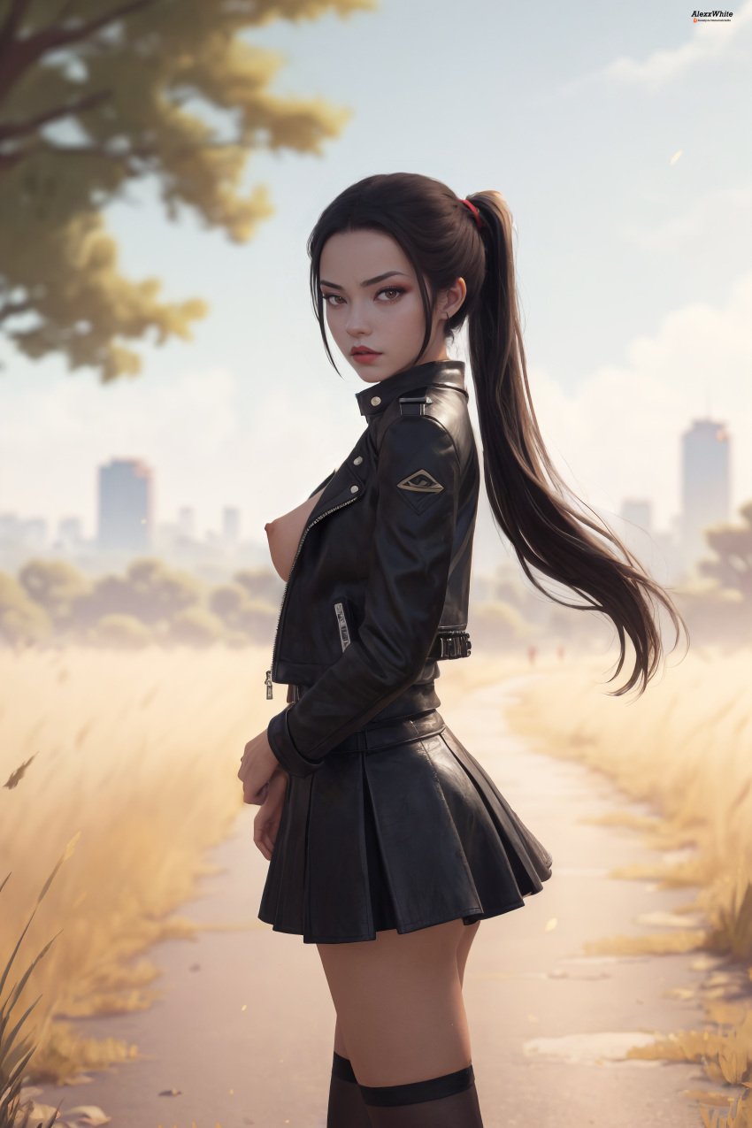 1girls ai_generated alexxwhite avatar_legends avatar_the_last_airbender azula black_hair black_jacket black_legwear black_skirt black_thighhighs blurry_background breasts day female female_only fire_nation from_side high_resolution highres jacket leather_jacket legwear light-skinned_female long_hair long_sleeves looking_at_viewer nipples no_bra open_jacket outdoor_nudity outdoors skirt solo solo_female solo_focus stable_diffusion standing thighhighs thighs tied_hair