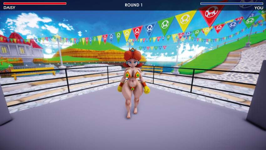 1boy 1girls 3d angry bikini boxing boxing_gloves boxing_ring breasts castle crown curvy curvy_female earrings female female_focus gameplay_mechanics light-skinned_female male male_pov mario_(series) mixed_boxing mmd orange_bikini orange_hair outdoors outside princess princess_daisy super_mario_bros. swimsuit thighs ultimabox walking walking_towards_viewer yellow_boxing_gloves