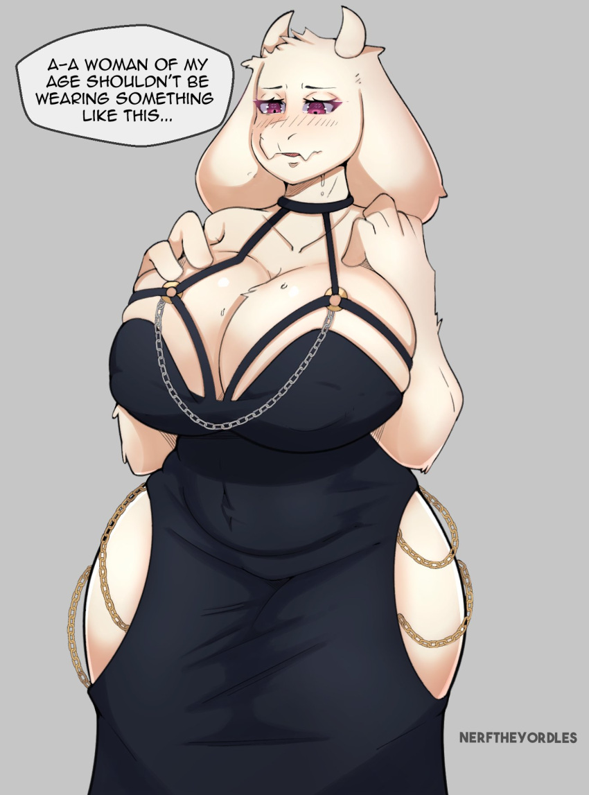 1girls anthro big_breasts black_dress blush breasts cleavage clothing dress english english_text female female_only goat_horns horns huge_breasts mature mature_female mature_woman milf modakawa_dress mother nerftheyordles purple_eyes skimpy skimpy_dress solo solo_female speech_bubble sweat sweatdrop text toriel undertale white_body white_fur white_skin