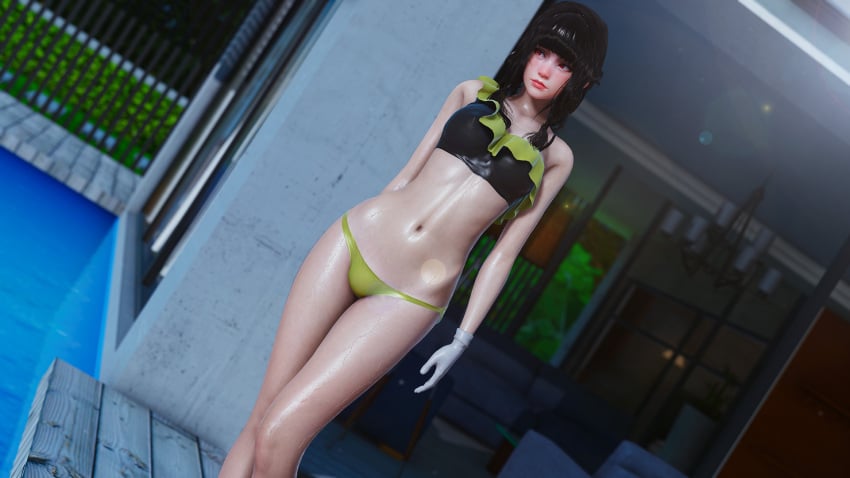 1girl 1girls 3d black_hair blush caribdis eternum female female_focus female_only girl gloves hourglass_figure human human_only light-skinned_female light_skin luna_(eternum) medium_breasts medium_hair red_eyes solo solo_female solo_focus standing swimsuit swimwear wet white_gloves