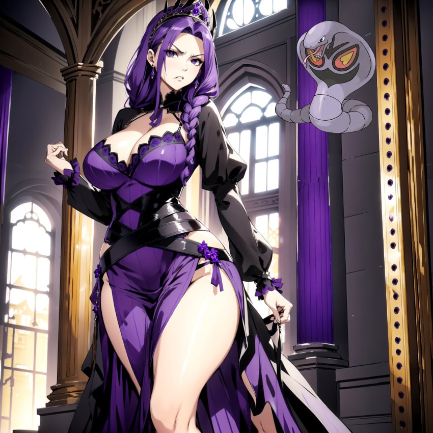 ai ai_generated arbinosa arbok braided_hair castle dress headdress huge_breasts humanization long_hair nintendo pokemon pokewomen purple_eyes purple_hair standing