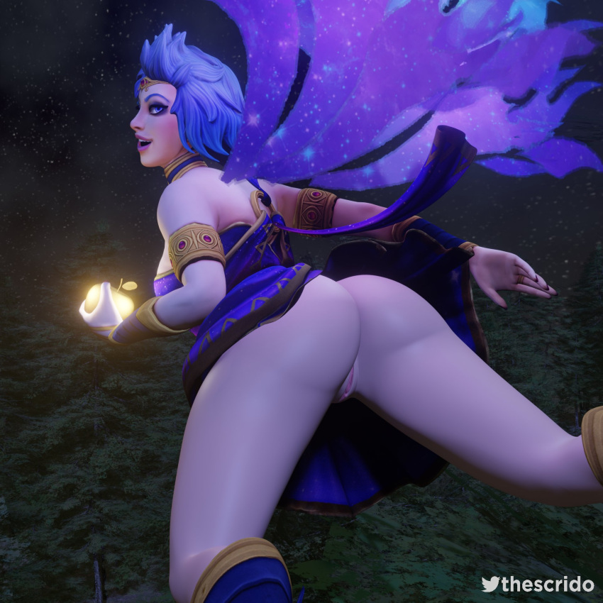 1girls 3d bubble_butt discordia_(smite) european_mythology light-skinned_female light_skin looking_at_viewer looking_back mythology purple_hair pussy roman_mythology scrido smite solo thick_thighs