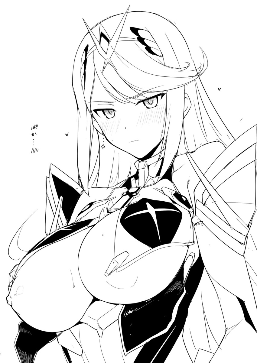 bare_shoulders blush breasts cleavage cleavage_cutout earrings eyebrows_visible_through_hair female gem hair_ornament halcon harukon_(halcon) headpiece highres jewelry long_hair looking_at_viewer monochrome mythra_(xenoblade) nintendo nipple_slip nipples shoulder_armor shy simple_background staring tiara tsundere very_long_hair white_background xenoblade_(series) xenoblade_chronicles_2