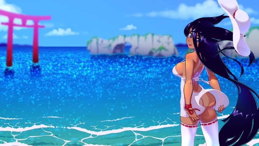 1girls animal_ears ayamori_miyako belly_button black_hair blue_eyes blush breasts day female female_only fox_ears fox_girl hat huge_breasts outdoors pokini_kagura solo sun_hat tan-skinned_female tan_skin tanlines torii water